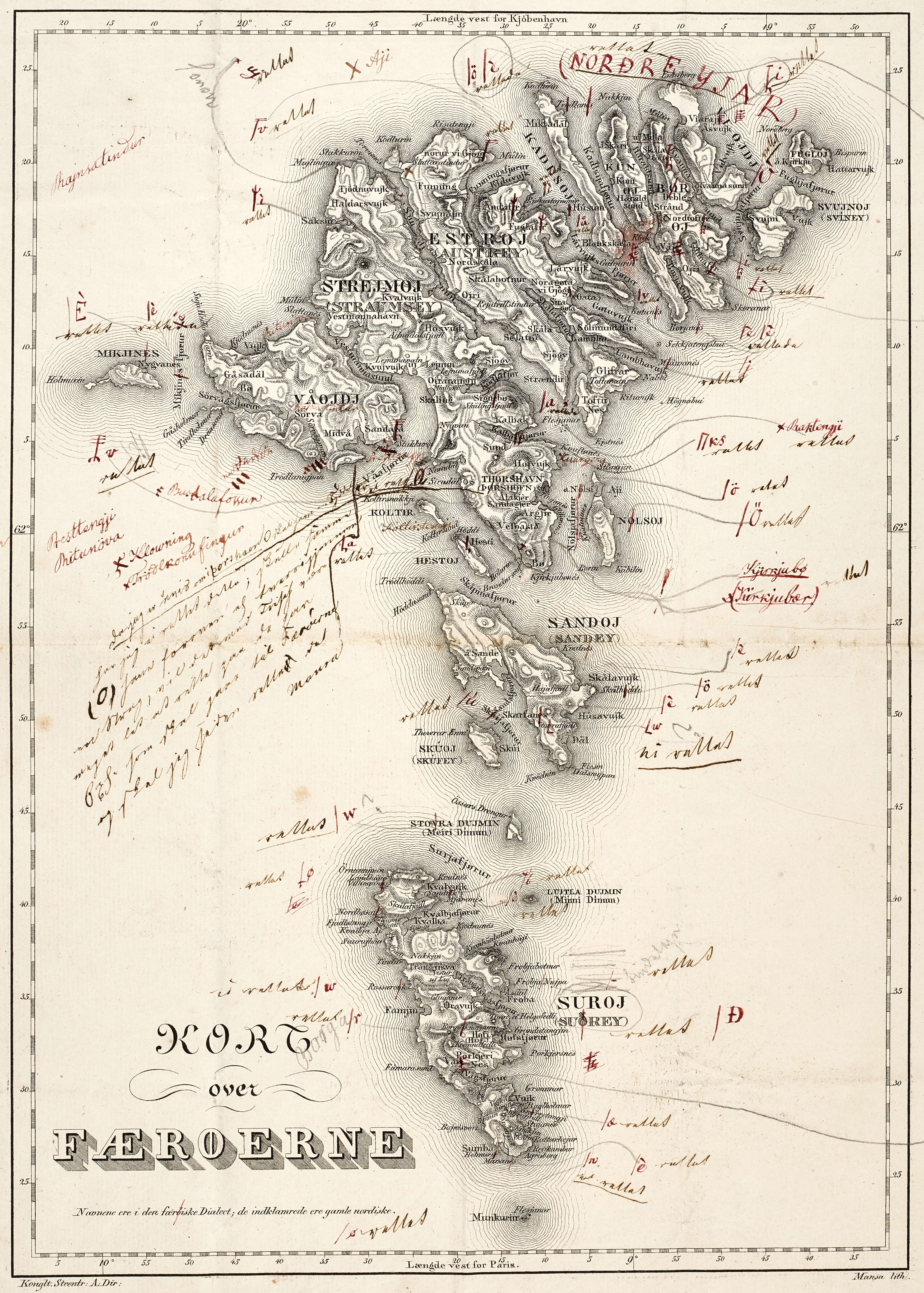 Printed map of the Faroe Islands with handwritten corrections